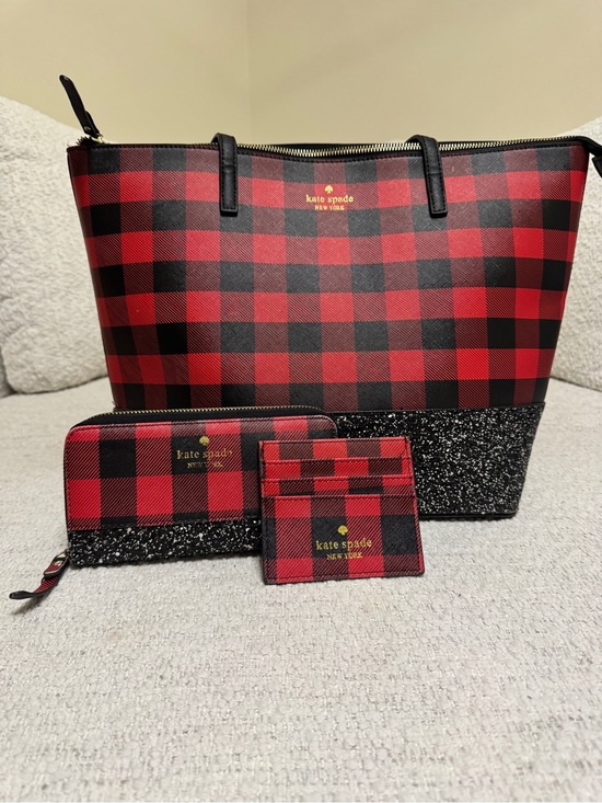 kate spade Handbags - Kate Spade Buffalo Plaid Black And Silver Glitter Set Tote Wallet Cardholder